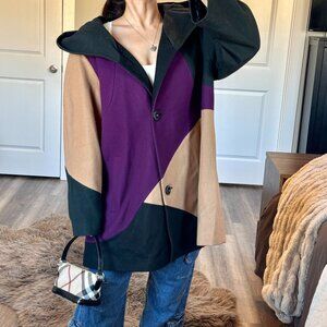 Y2K Gallery Colorblock Coat Wool Blend Hooded Womens Jacket Retro Edgy 90s Chic